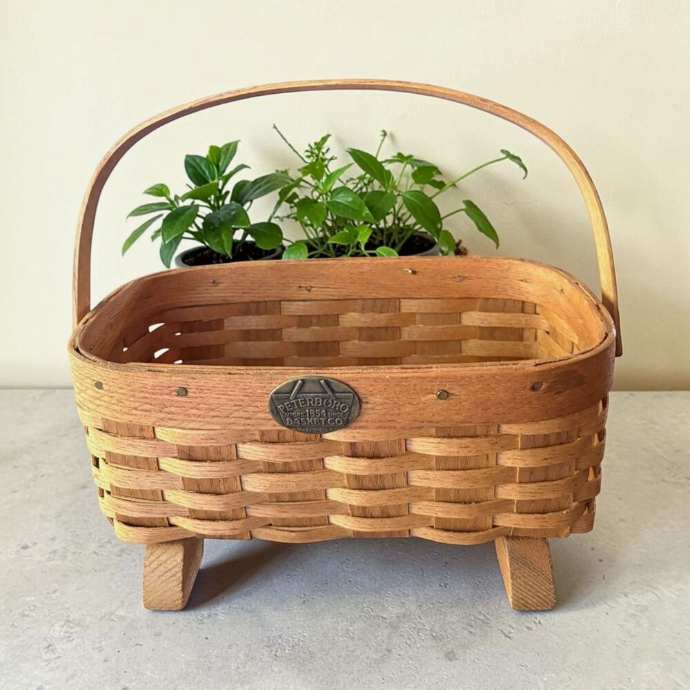 Vintage Peterboro Basket Co. Footed Caddy Basket Wood Handle 9” x 5.5” USA